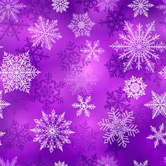 Christmas seamless pattern of beautiful complex white snowflakes on purple background. Winter illustration with falling snow.
