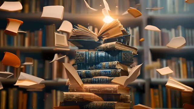 An open book with pages fluttering amidst towering shelves of books in a library, history, and the power of literature.