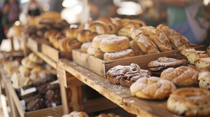 Freshly baked pastries and bread are neatly arranged on wooden trays at a bustling market stall, exuding a sense of warmth and homeliness.