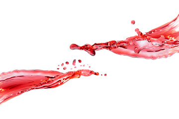 Two flows of red cherry juice flowing as stripes try to join with bright splashes, drops flying isolated on white background. Summer drink with splashing for advertising, design, flyer, card, poster.