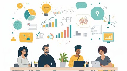 Digital marketing strategy, diverse team brainstorming, flat design illustration