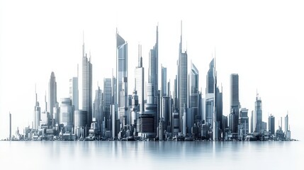 Obraz premium Futuristic cityscape showcasing towering skyscrapers reflecting in water under a bright sky