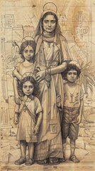 Fototapeta premium Illustration of Standing Strong with Children, St. Felicity in Ancient Carthage, Biblical Illustration, Beige Background, Copyspace