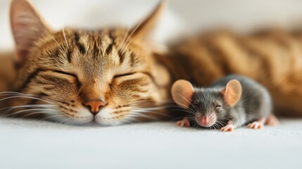 An endearing image of a striped cat and a mouse lying next to each other as they nap, beautifully capturing their quiet moment of relaxation and trust.