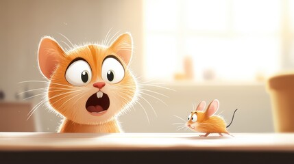A funny cartoon featuring an orange cat with a surprised expression and a mouse on the edge of a table, capturing the humor and dynamics of an unexpected encounter in a brightly lit room.