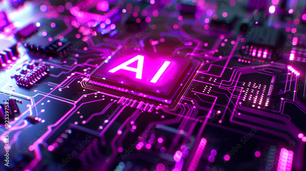 Poster Processor or microchip with AI text on circuit board. Artificial intelligence background illustration. Core of artificial intelligence machine with neon light of energy. computer technology, data