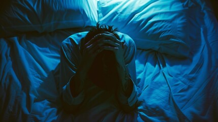 A person lies on a disheveled bed in a dark room, burying their face in their hands while deep blue light highlights the atmosphere of distress and solitude.