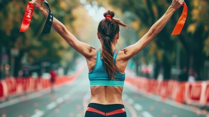 A runner raises her arms in celebration after crossing the finish line of a marathon