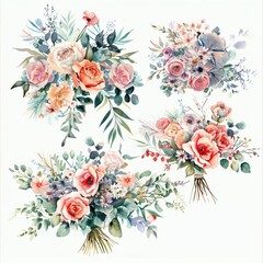 Watercolor bridal bouquets featuring flowers in delicate shades