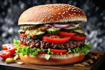 Juicy Burger with Fresh Vegetables on Wooden Board