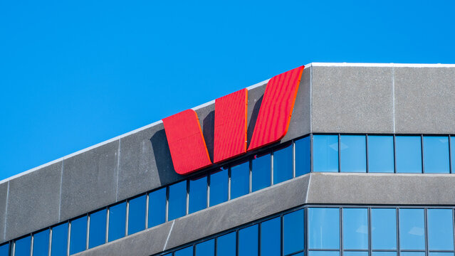 Westpac New Zealand bank logo and sign on office building in capital city of Wellington, New Zealand Aotearoa - taken on 13 August 2024