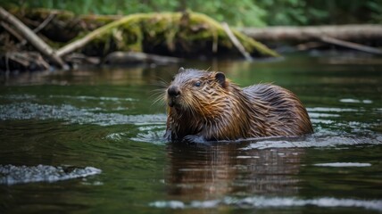  Beaver in river, Canadian forest setting 