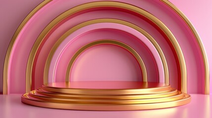 Obraz premium Elegant podium display with pink and gold arches for product presentation