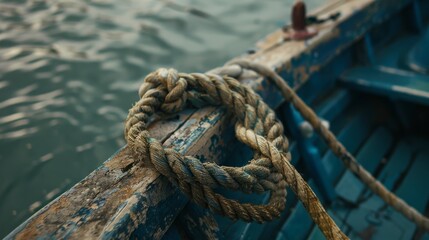 Fototapeta premium A neatly coiled rope on a weathered blue boat, set against a rippling water surface.
