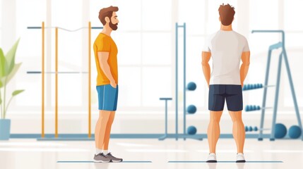 Naklejka premium In a bright and modern gym, two athletes are seen conversing, likely discussing their fitness routines or goals, surrounded by various gym equipment that enhances their exercise regime.