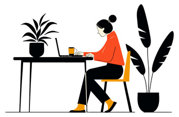 Girl Working on Laptop, Modern and Productive Theme - Flat Vector Illustration