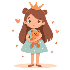 Little Girl Wearing Crown and Holding Teddy Bear, Cute and Playful Design - Flat Vector Illustration