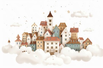 Fototapeta premium Illustration of colorful houses on cloud with stars. Children's Book Illustration
