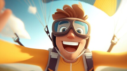 A vibrant and dynamic illustration of an animated character paragliding over stunning scenery, emphasizing the joy and thrill of adventure sports and exploration.
