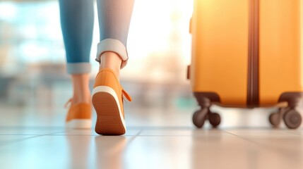 Naklejka premium A traveler walking through an airport terminal wearing orange shoes and pulling an orange suitcase, embodying the theme of travel, movement, and exploration.