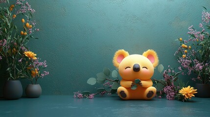 Cute Koala Bear with Flowers and Green Leaves on Teal Background