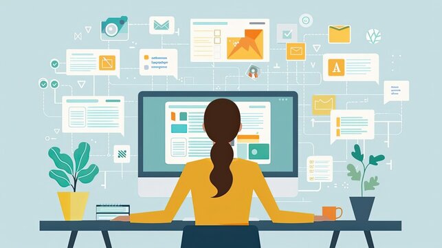 Content management system, organizing and publishing content, flat design illustration