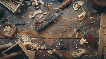A detailed view of a woodworking bench, cluttered with shavings, tools, and woodworking materials, showcasing the essence of craftsmanship and handiwork.
