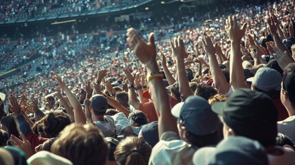 A close-up of an excited crowd at a sports event, capturing the expressions and raised hands of fans showcasing true team spirit.