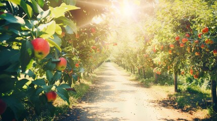 A sunlit path adorned with ripe apples hanging from lush green trees, leading one through an inviting orchard, bursting with the essence of a fruitful harvest.