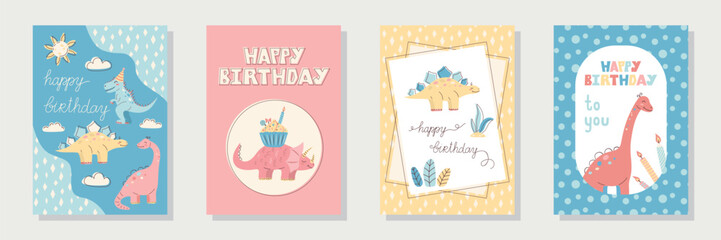 Collection of 4 cute dinosaur cards. Happy Birthday cards and greetings. Hand drawn in pastel colors. Vector illustration. © plaksik13