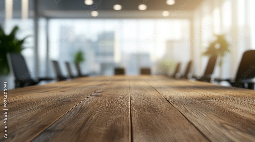 Wall mural empty wooden table top in front of a blurred background, ideal for business presentation. generative