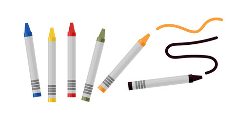 Set of wax crayons. Colored pencil collection. Stationery isolated on white background. Office stationery tool collection. Multi colored wax crayons. Art and craft Flat vector illustration.