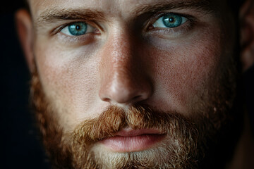 Obraz premium Close-up portrait of handsome bearded man looking directly at the camera on dark background