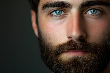 Obraz premium Close-up portrait of handsome bearded man looking directly at the camera on dark background