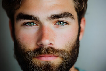 Obraz premium Close-up portrait of handsome bearded man looking directly at the camera on dark background