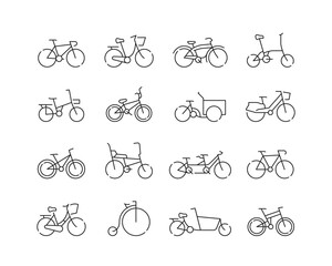 Bikes and Bicycles Icon collection containing 16 editable stroke icons. Perfect for logos, stats and infographics. Edit the thickness of the line in Adobe Illustrator (or any vector capable app).