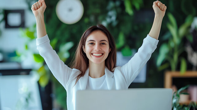 Happy Woman Celebrating Outdoors with Raised Hands
