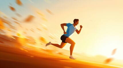 Fototapeta premium An animated runner captured in motion, dashing through vibrant, swirling autumn leaves with a warm, glowing sunset in the background, emphasizing speed and determination.