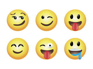 Emoji and emoticon faces vector set. Emojis or emoticons with crazy, surprise, funny, laughing, and expressions for design elements isolated in white background. Vector illustration.
