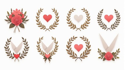 Fototapeta premium Elegant Floral and Heart Motifs with Wreaths Illustration - Perfect for Invitations, Greeting Cards, and Decorative Design