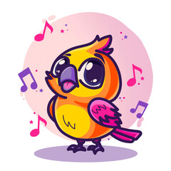 Vector cartoon style parrot. A cute parrot  with notes on a pink background. Children's book illustration. 
