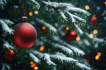 Christmas Tree with Red Baubles and Snowflakes