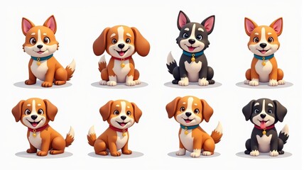 Cute Cartoon Puppies Illustration - Adorable Dog Characters with Collars Sitting and Smiling