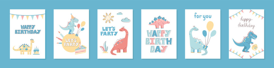 Collection of 6 cute dinosaur cards. Happy Birthday cards and greetings. Hand drawn in pastel colors. Vector illustration. © plaksik13