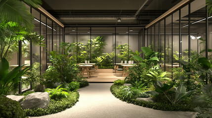 Fototapeta premium Modern Indoor Botanical Garden with Dining Area
