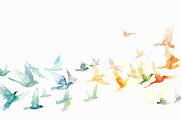 Watercolor painting of colorful birds flying in formation against a white background. Children's Book Illustration