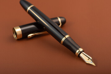 Fountain pen, beautiful fountain pen positioned on leather surface, selective focus.