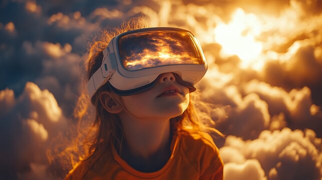 A child wearing virtual reality glasses gazes upward as sunset colors illuminate the clouds around them, immersed in a digital world of exploration.