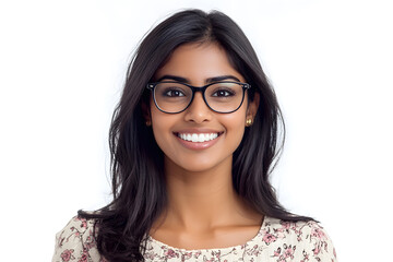 Obraz premium Happy smiling student Indian woman in glasses portrait isolated on white