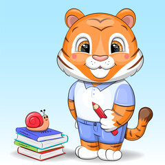 Naklejka premium Cute cartoon tiger with pencil and books. Vector illustration of an animal on a blue background.